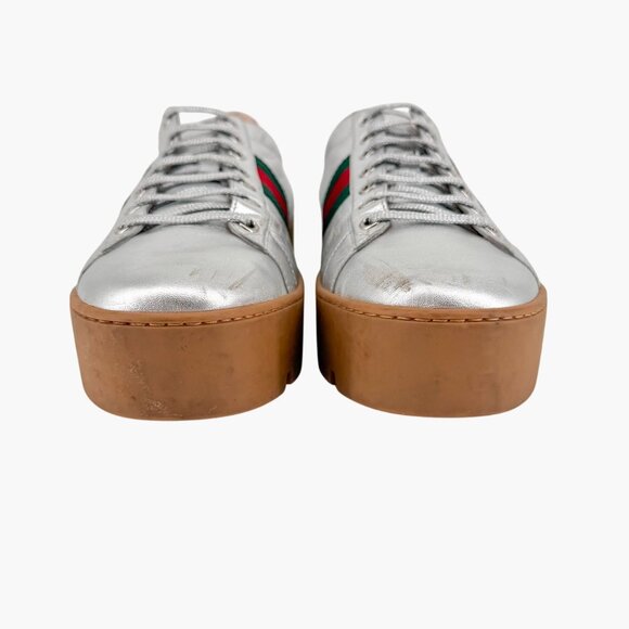 Gucci Ace Bee Silver Leather Platform Low Top Sneakers Shoes Size 41 US 11 Women - Picture 5 of 15
